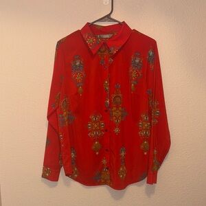 Motto Size 10 Red Medallion Print Button Down Shirt Long Sleeve Lightweight